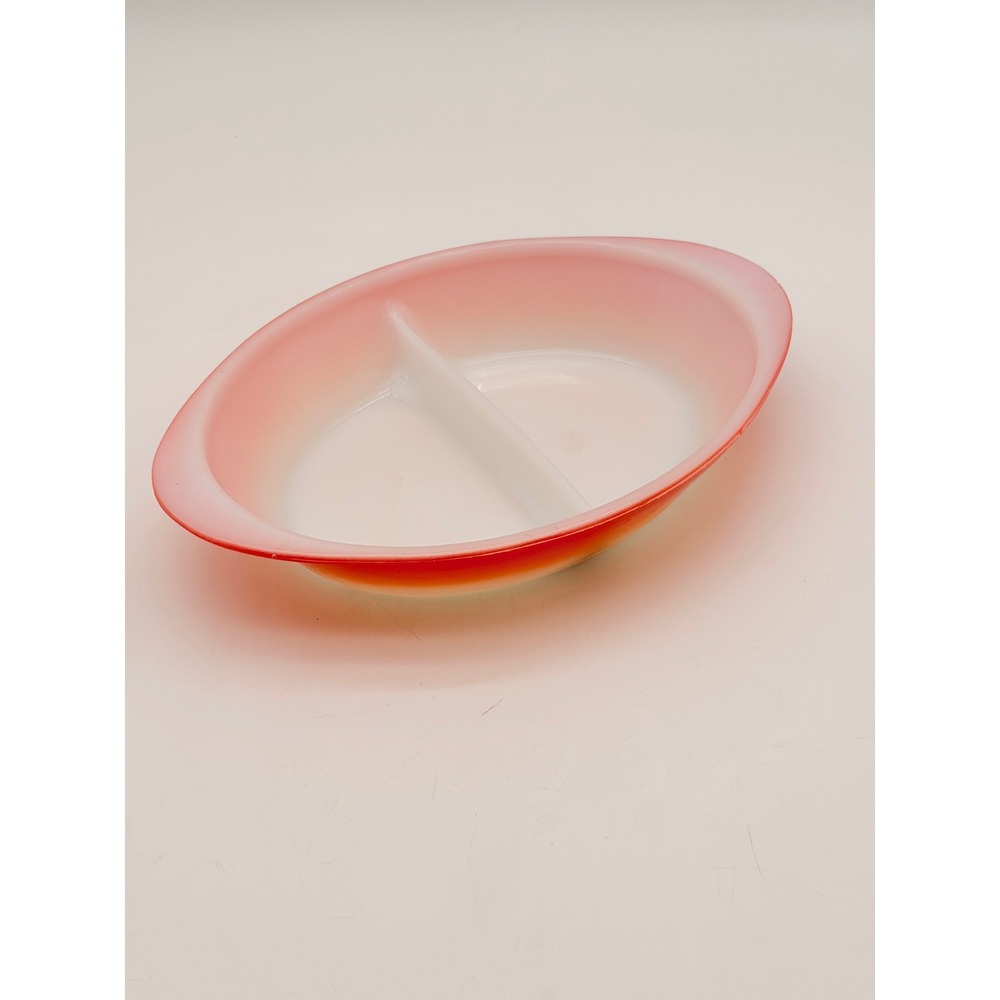Vintage Glasbake Red Ombre Milk Glass Divided Serving Dish Oval MCM 1.5 Qt USA
